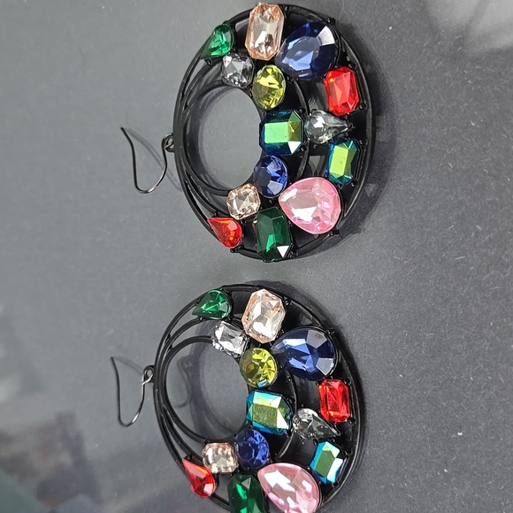 Colorful Fuax Gemstone Black Tone  Big  Earrings - Picture 11 of 17